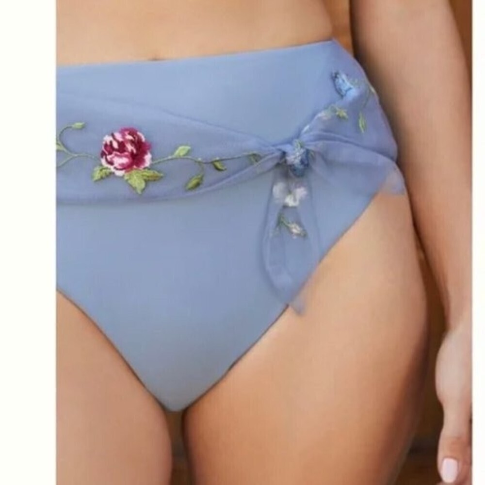 Anthropologie Bikini Bottoms High-Waisted Steel Blue Embroidered Sz S NWOT